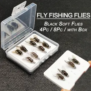 4pcs-8pcs-Box Fly Flies Fishing Black Soft Flies, Dry Flies for Trout Bait Lures Hook Size #10 Fishing for Trout Bass Salmon Panfish, Fishing Tackle, Fishing Gear