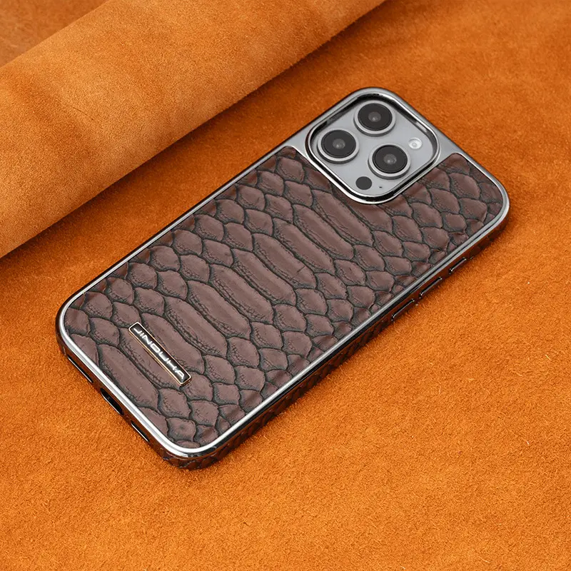 Python Pattern Electroplated Customized TPU Business Leather Cellphone Case - Shockproof, Anti-Drop, Flush Mount Protector for iPhone 17 Pro Max, 16 Pro Max, 15, 14, 13 (Dark Brown)