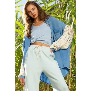 POL: GAUZE BUTTON DOWN SHACKET WITH SWEATER SLEEVE DETAIL-ULTRAMARINE