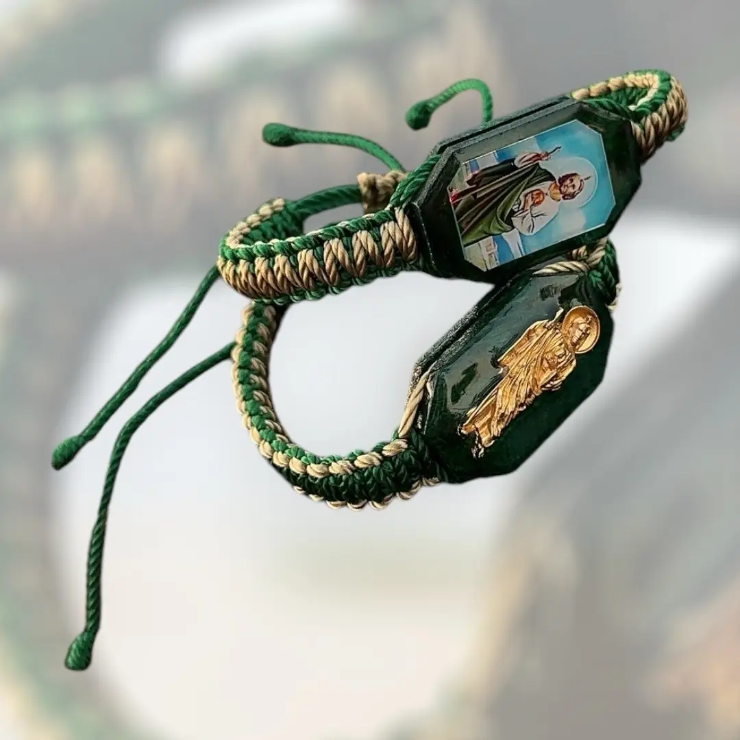 Handmade by string Saint Jude Double-Sided Bracelet in Green and Tan Mix - Adjustable Fit