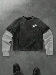 Vintage Washed Two-Piece Hoodie Set, High, Street Style, Casual, Graphic, American Retro, Fitted, Long Sleeve, Moderate Fabric, Fall & Winter