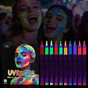 10 Color UV Face and Body Paint Pens, Washable Graffiti Makeup Brush, Erasable Glow-In-The-Dark, Ideal for Body Art and Stage Performances