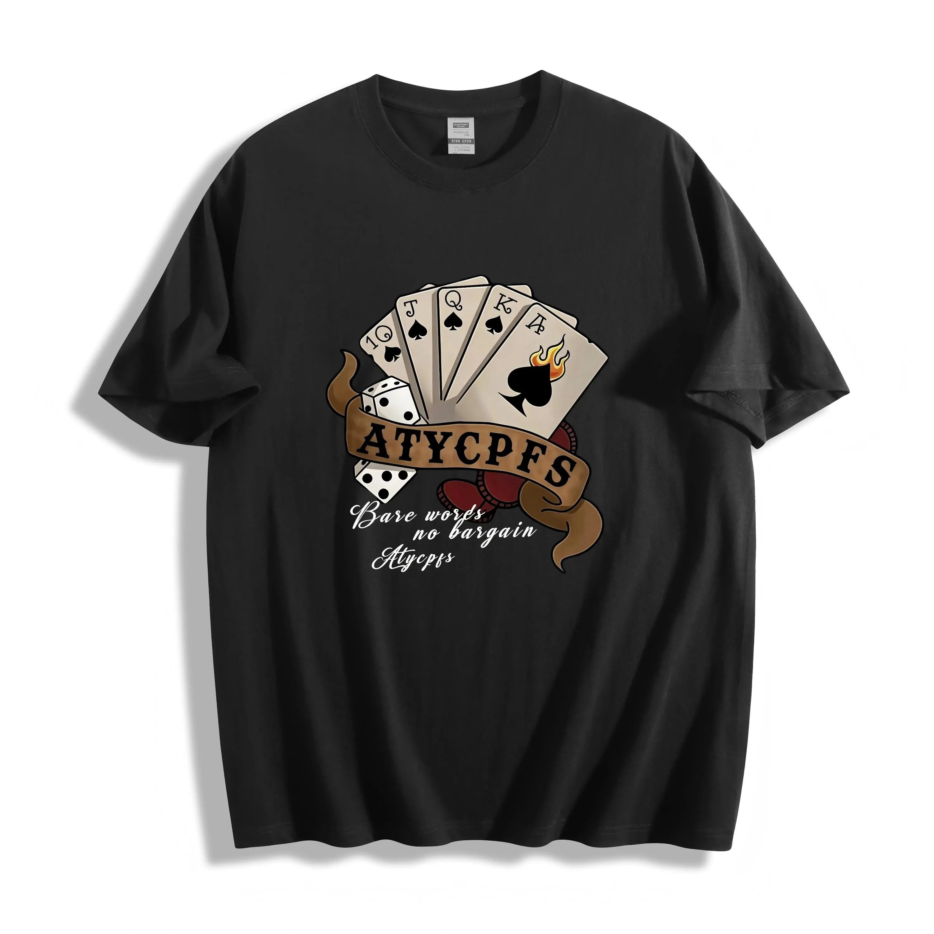 Unisex Vintage Playing Card Dice Graphic T-Shirt, Retro Old School Tattoo Spades Straight Flush Print Oversized Cotton Short Sleeve Tee, Casino Gambler Streetwear Top