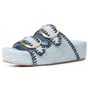 Viral Platform Slide Sandals Women | Woven Straw Double Buckle Slides | Comfortable Chunky Summer Beach Shoes 2026