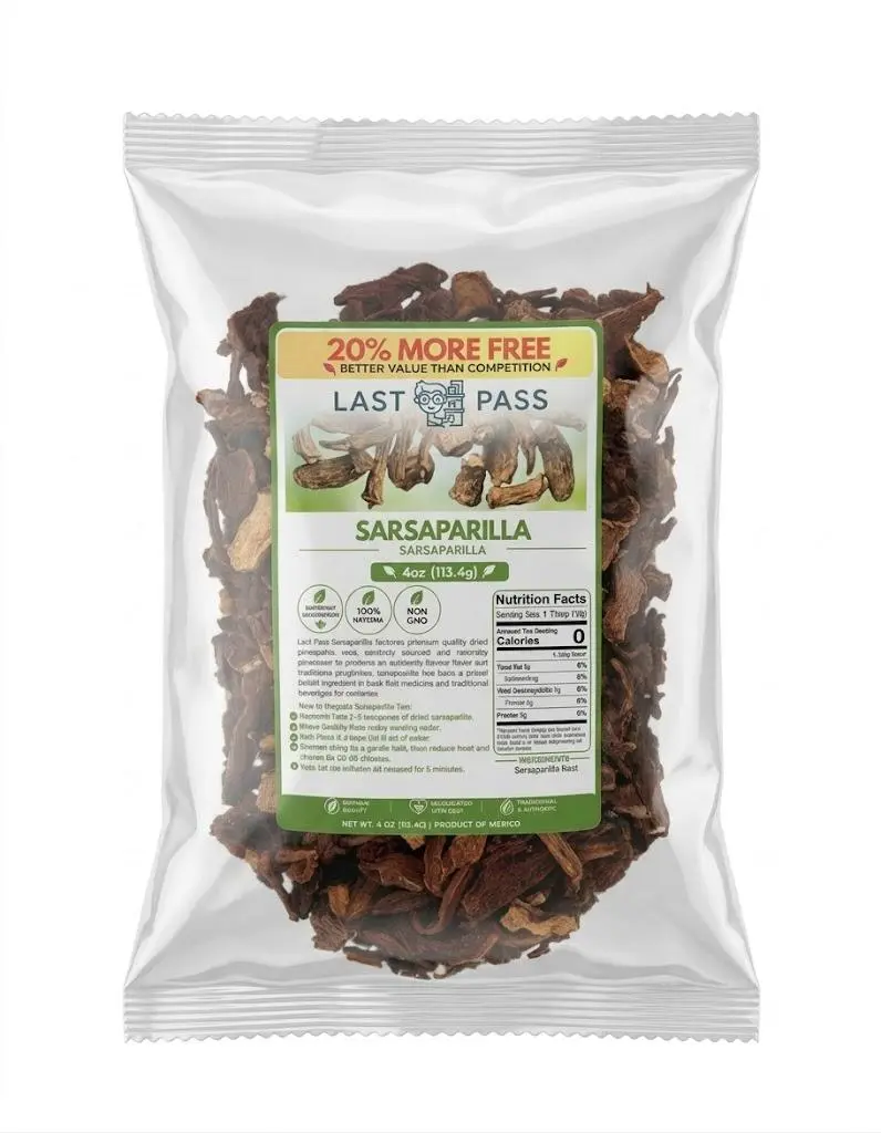 Dried Sarsaparilla Root Looseleaf Tea - 4 oz 100% Natural Mexican Botanical, Botanical Purity, Earthy-Woody-Vanilla Forest Floor Flavor, Last Pass Kurandero Loose Leaf Drink