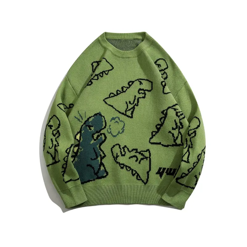 Cute Dinosaur Jacquard Sweater - Casual Loose Fit, Round Neck Knit Pullover for Men & Women, Perfect for Fall/Winter