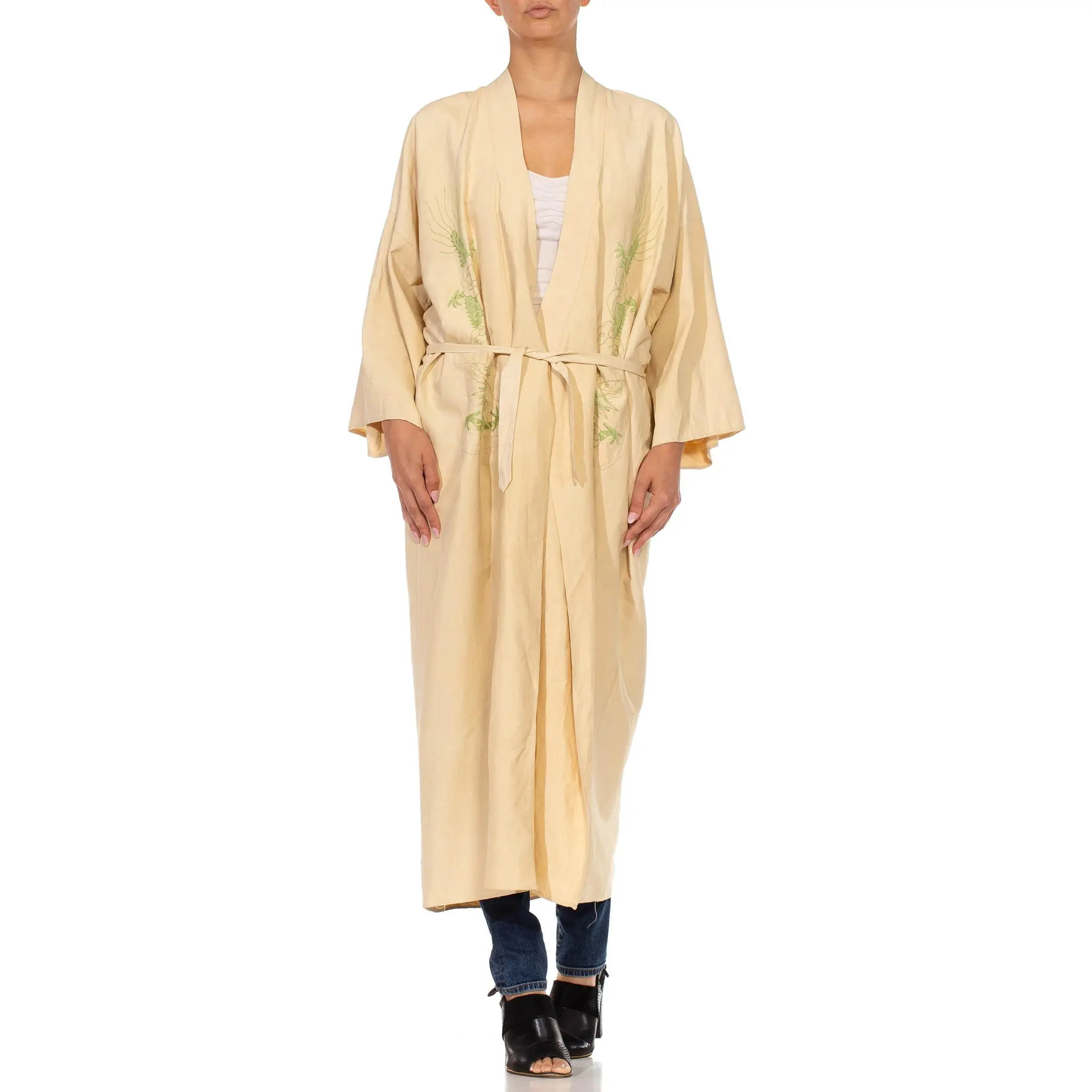 1920S Beige & Light Green Cotton Chinoiserie Dragon Embroidered  Kaftan