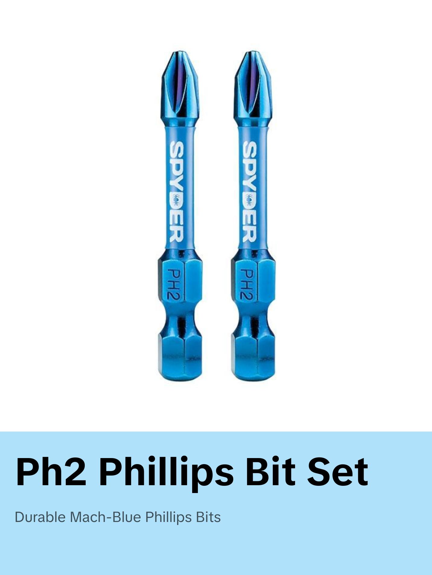 Spyder 19046 Mach-Blue PH2 1/4-in x 2-in Phillips Impact Driver Bit 2 Piece