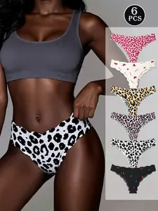 Women's Seamless Ice Silk Underwear Set (6-Pack), Leopard Print Briefs, Panties, High Stretch & Invisible, Full Back Coverage, Fashion Trendy, Suitable for Daily Wear / Yoga / Fitness, Perfect Gift for Romantic Moments, S-2XL