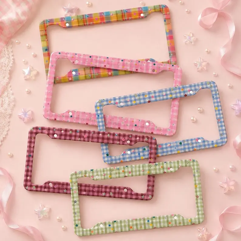 [ Best 2026 ] Cute Plaid License Plate Frame with Colorful Stars, Kawaii Car Accessory, 5 Colors