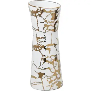 White Ceramic Vase for Home Decor, Modern Flower Vases with Gold Marble Pattern,10" Decorative Porcelain Ikebana Vase for Shelves, Table Centerpieces, Living Room, Office & Farmhouse Decor