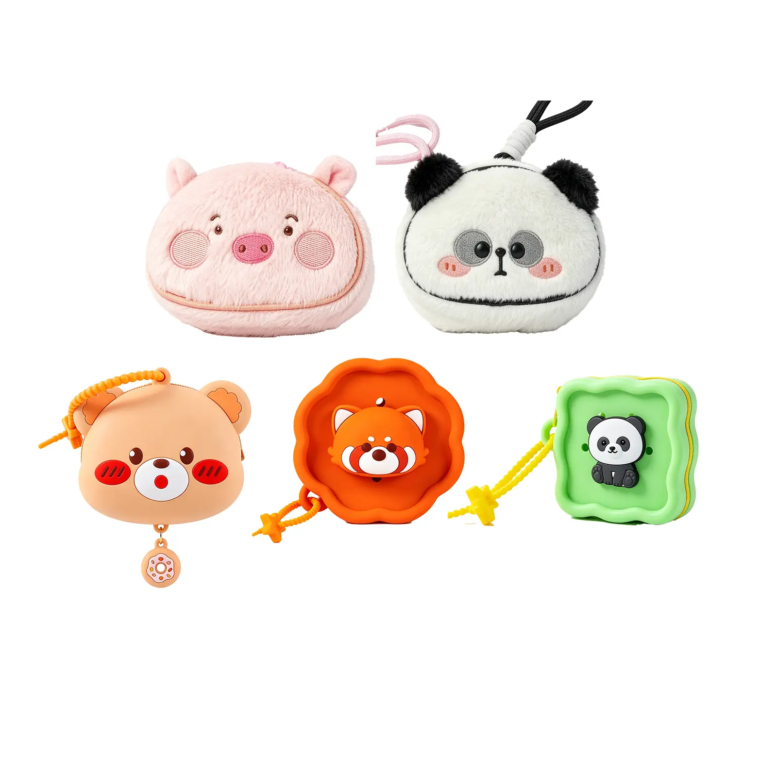 5Pcs Multi-Style Cartoon Small Storage Bags, Fluffy Plush Animal Coin Purse & Waterproof Silicone Mini Wallet, Portable Hanging Pouch for Earbuds Coins Jewelry, Ideal Gift for Girls Kids