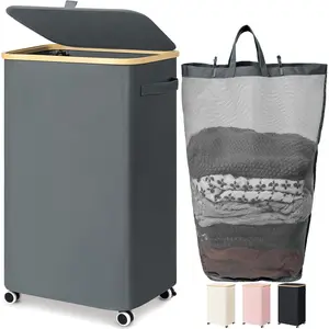 Laundry Basket with Wheels, Large Rolling Laundry Hamper Slim Clothes Hampers with Removable Wash Bag Collapsible Dirty Clothes Basket with Lid, 100L, Gray