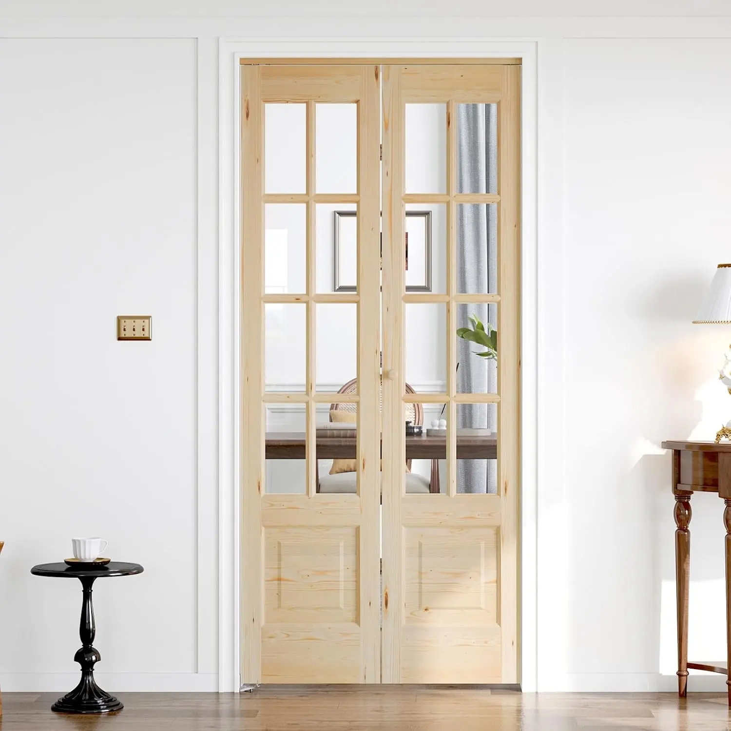 EaseLife Preassembled Rustic Bifold French Interior Barn Doors for 36"×80" Opening, Spruce Wood Support, DIY Dyeable, Space-Saving with Included Concealed Hardware Kit, Rustic Doors