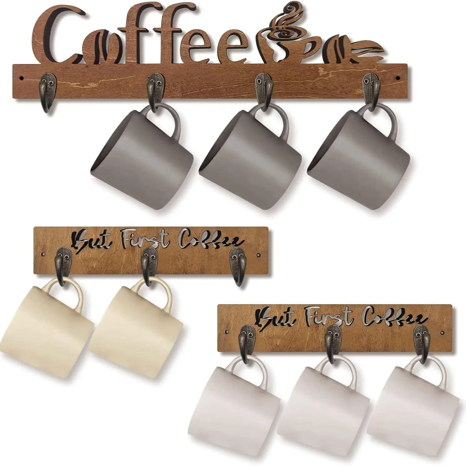 3 Pack Wall Mounted Mug Rack Cup Holder with 10 Sturdy Hooks, Wooden Material Kitchen Wall Decor, Mug Organizer with Versatile Use for Kitchen, Coffee Bar, Office