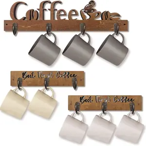 3 Pack Wall Mounted Mug Rack with 10 Sturdy Hooks, Wooden Kitchen Wall Decor, Mug Organizer for Kitchen, Coffee Bar, Office