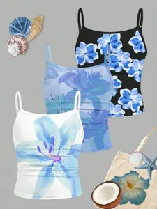3-Pack Girls' Tropical Floral Ruched Vest, Adjustable Thin Straps, Summer Casual Vacation Top, Ages 8-16, Fitted Style