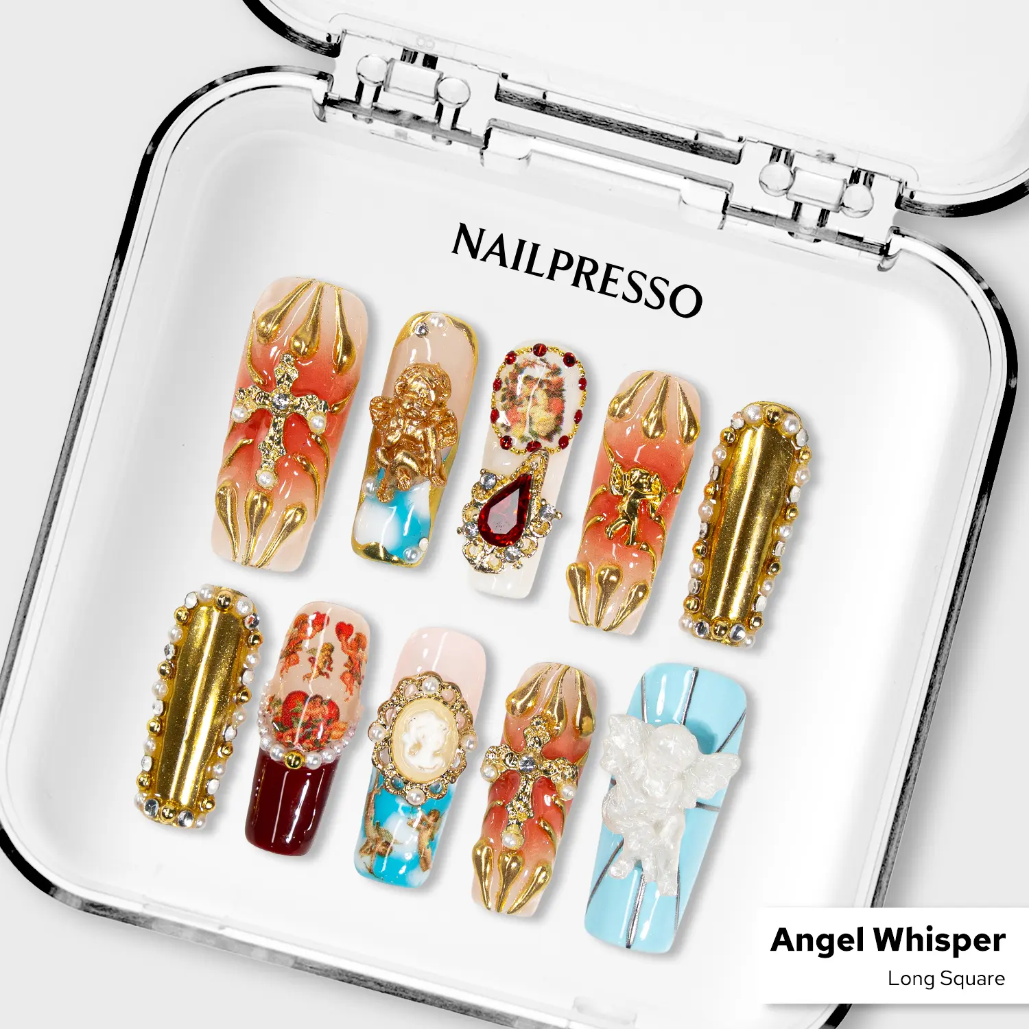Nailpresso | Angel Whisper Square 100% Handmade 3D Press-On Nails | Reusable Long-Lasting Salon-Quality | Angelic Accents
