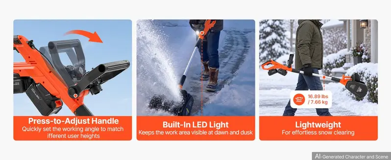 VEVOR Electric Snow Shovel 40V 13.5" Battery-Powered Cordless Snow Blower, for Driveway Patio Deck, Includes 2 x 4Ah Batteries & Charger, 20 ft Throw Distance, 60&deg; Chute, LED Light, Adjustable Handle,toolupgrade