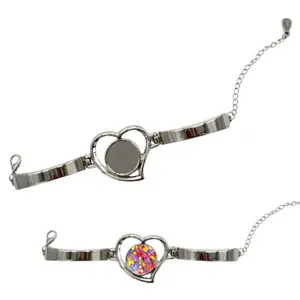 Stainless Steel Heart Cuff Adjustable Bracelet Blank Bezel 18.5mm Round Fillable for Glitter Photos & Keepsakes UV Resin Friendly