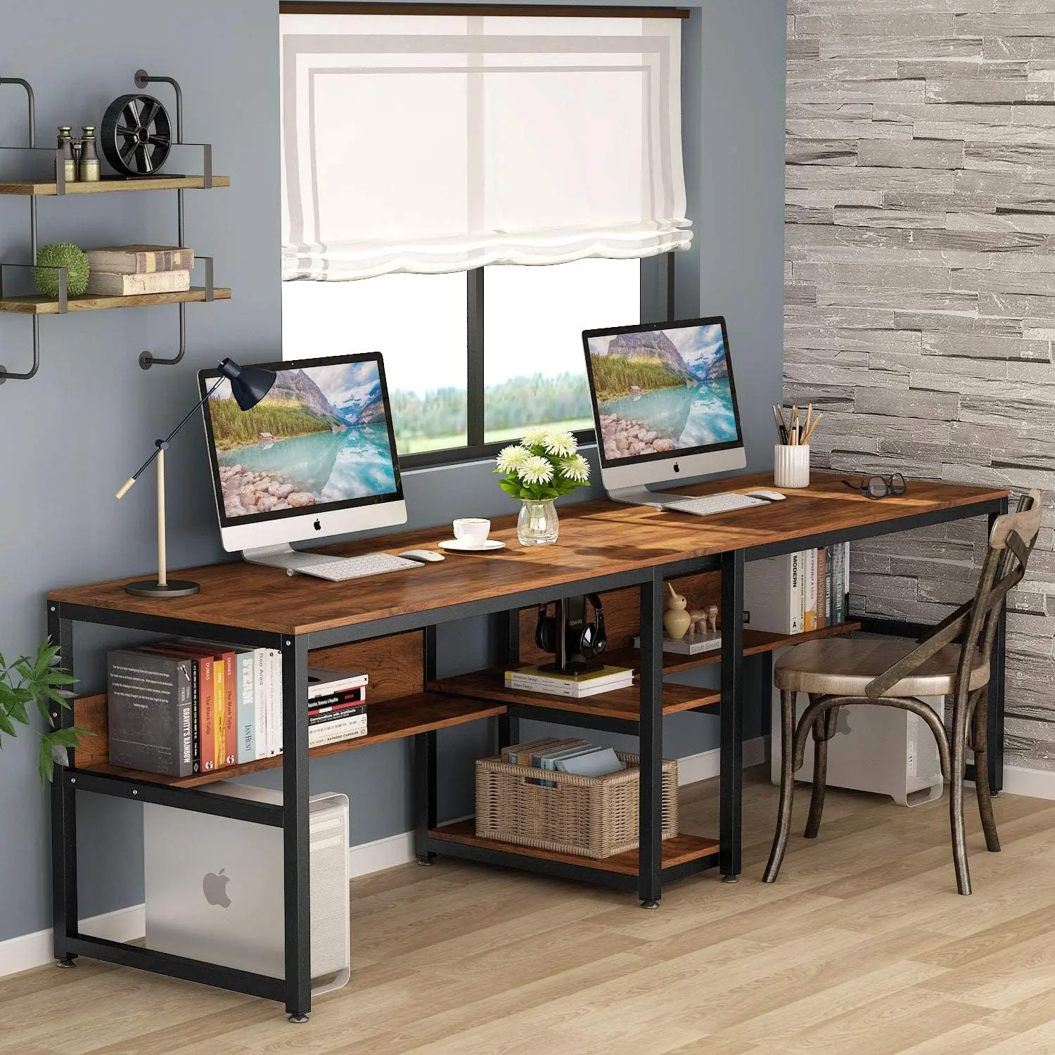 LITTLE TREE Two Person Desk with Bookshelf, 78.7 Computer Office Double Desk for Two Person, Rustic Writing Desk Workstation with Shelf for Home Office