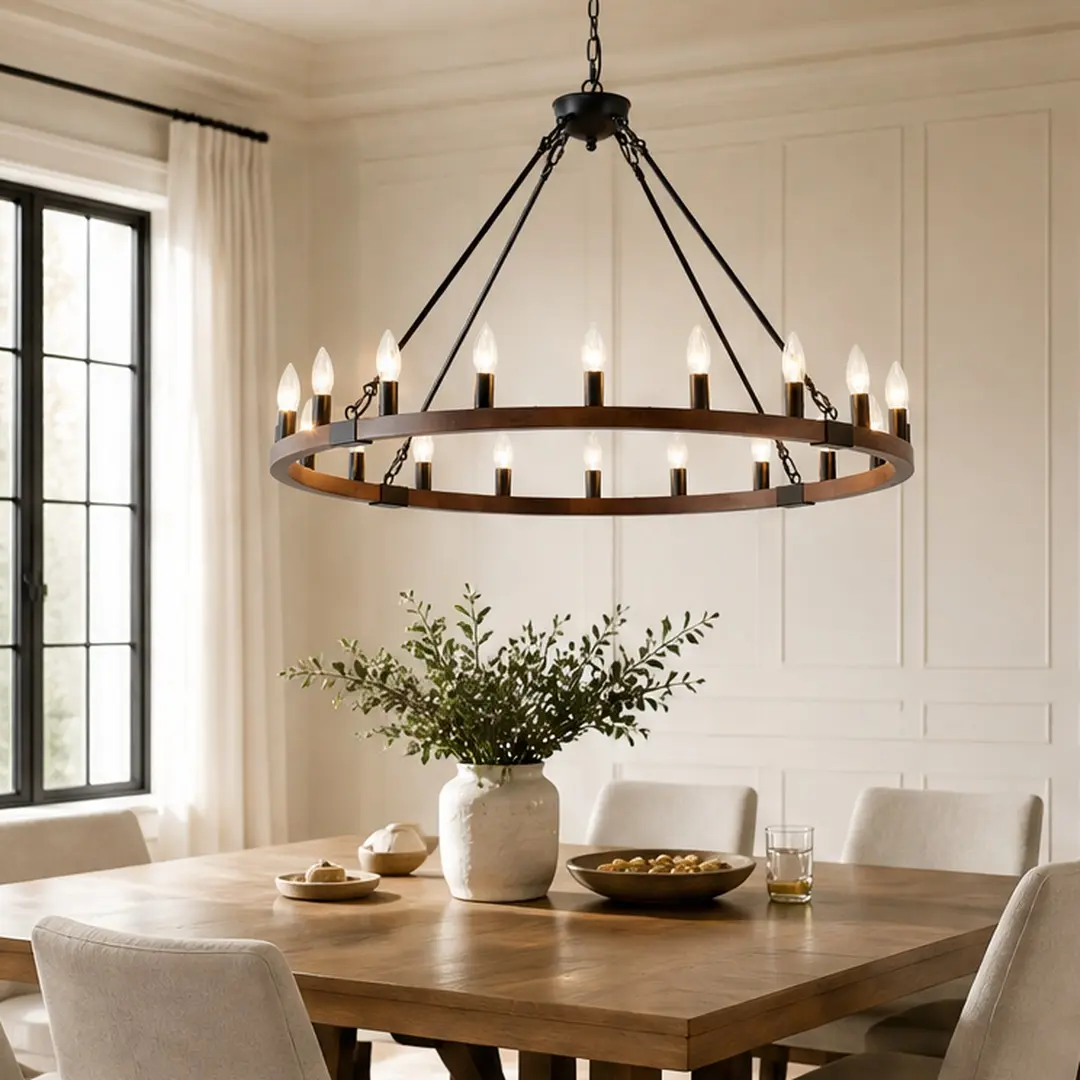 ARCH 39.3-Inch Wood Wagon Wheel Chandelier, 20-Light Rustic Farmhouse Pendant Light with Seeded Glass Shades, Adjustable Chains, Matte Black Metal-Wood Build, Incandescent/Halogen Base, American Traditional Decor for Living Room, Dining Room