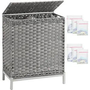 Laundry Hamper with Lid, 112 L Handwoven Rattan Wicker Laundry Basket, 2 Removable Liner Bags Metal Heightened , 6 Mesh Bags, 2 Section Large Clothes Hamper for Bathroom Bedroom, Gray