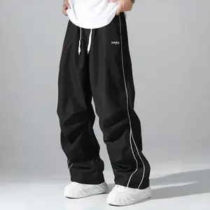 Men’s athletic pants with white side stripes and embroidery; casual fitness wear; sports set; casual athletic pants; athleisure tracksuit set; drawstring straight-leg pants; sportswear Baggy Wide Sweatpants