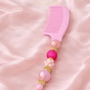Pink Beaded Comb with Colorful Beads and Gold Accents for Stylish Hair Care