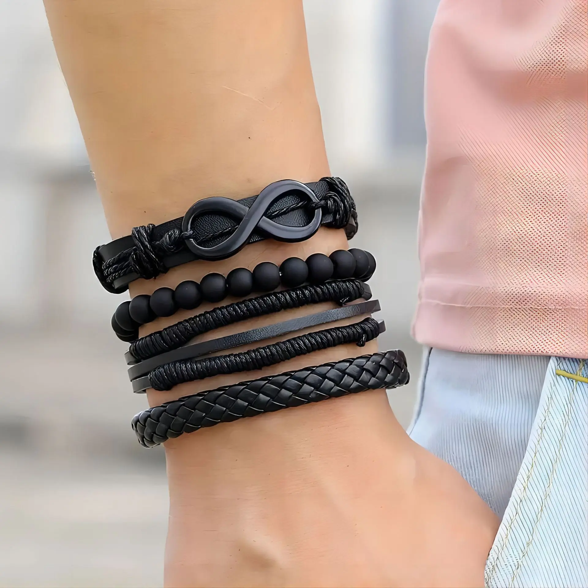 4pcs per Set Fashionable Pu Leather '8' Shape Beaded Bracelet Quartz Watch Cross Pendant Necklace For Men Black Fashion Jewelry