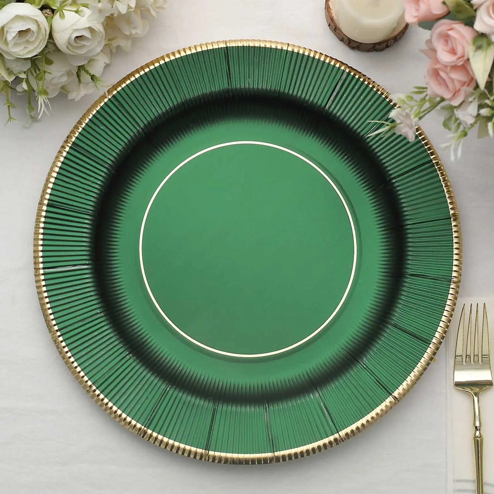 25-Pack Disposable Round Party Plates - 13" Hunter Emerald Green Sunray Print, Gold Rim, 350GSM Sturdy Paper Charger Plates for Baby Shower, Party Supplies, Wedding Events, Disposable Products
