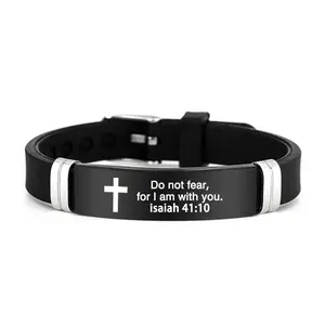 Cross Bracelet Inspirational Bible Quotes Faith Christian Silicone ID Wristband Religious Gift Men and Women Stainless Steel Rubber Adjustable Bracelet