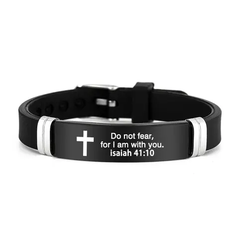 Cross Bracelet Inspirational Bible Quotes Faith Christian Silicone ID Wristband Religious Gift Men and Women Stainless Steel Rubber Adjustable Bracelet