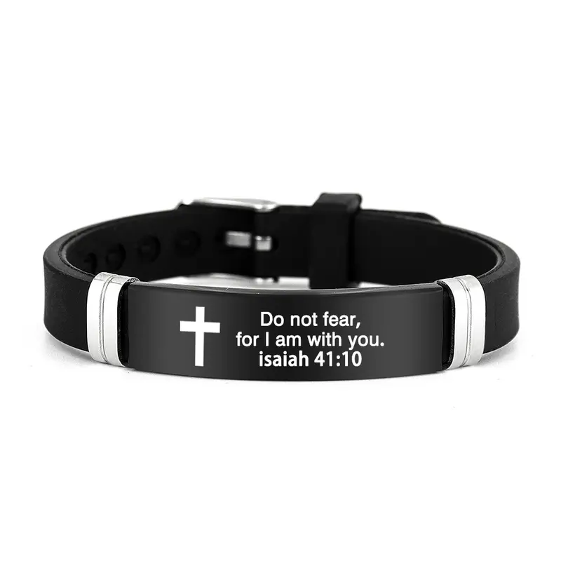 Cross Bracelet Inspirational Bible Quotes Faith Christian Silicone ID Wristband Religious Gift Men and Women Stainless Steel Rubber Adjustable Bracelet