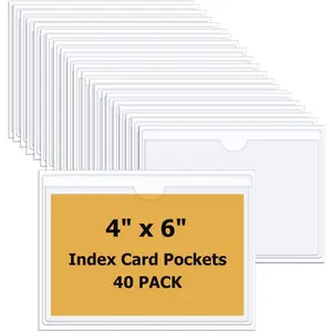 40PCS 4"X6" Self Adhesive Clear Index Card Pockets, Plastic Label Holders for Storage Bins, Drawer, Library Cards, Totes, Shelves, Great for Organizing, Loading and Sorting