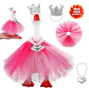 7 Inch Winter Mini Desk Goose Outfits with Crystal Rhinestone Tiara Crown Necklace Tutu Dress Magnetic Goose Key Holder Princess Customs