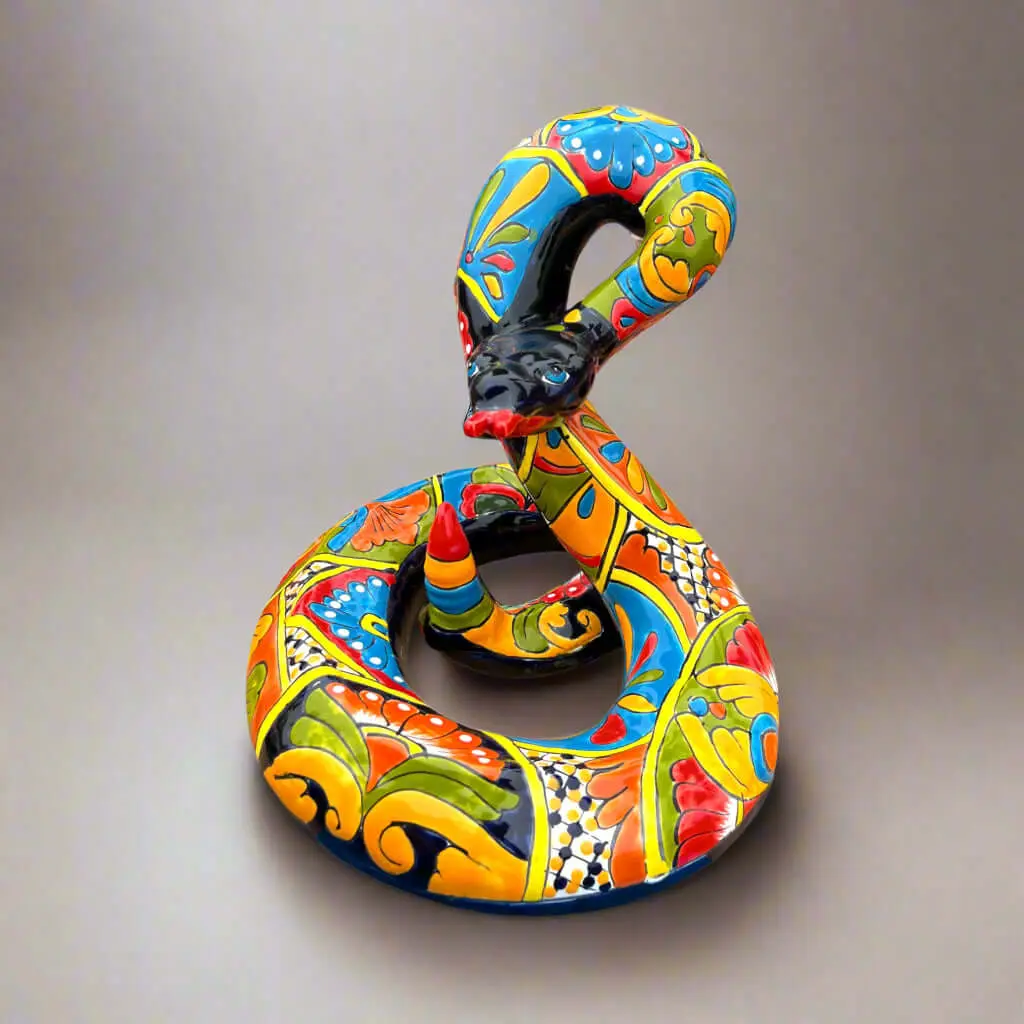 Talavera Snake Statue | Multicolor Handmade Mexican Rattlesnake