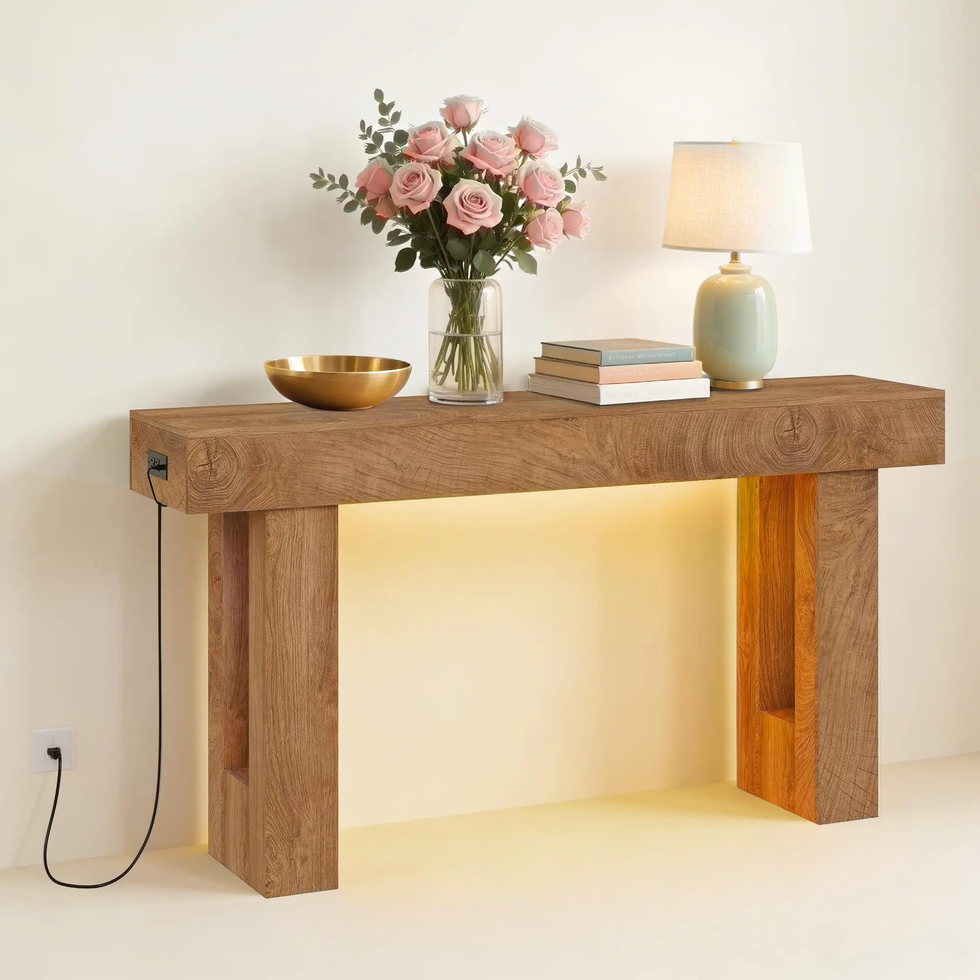 GARVEE Farmhouse Console Table with Detector LED & Charging, Narrow Entryway Table, Sturdy Wooden Build, Sofa Hallway Foyer – Mountain-Patterned Sandalwood