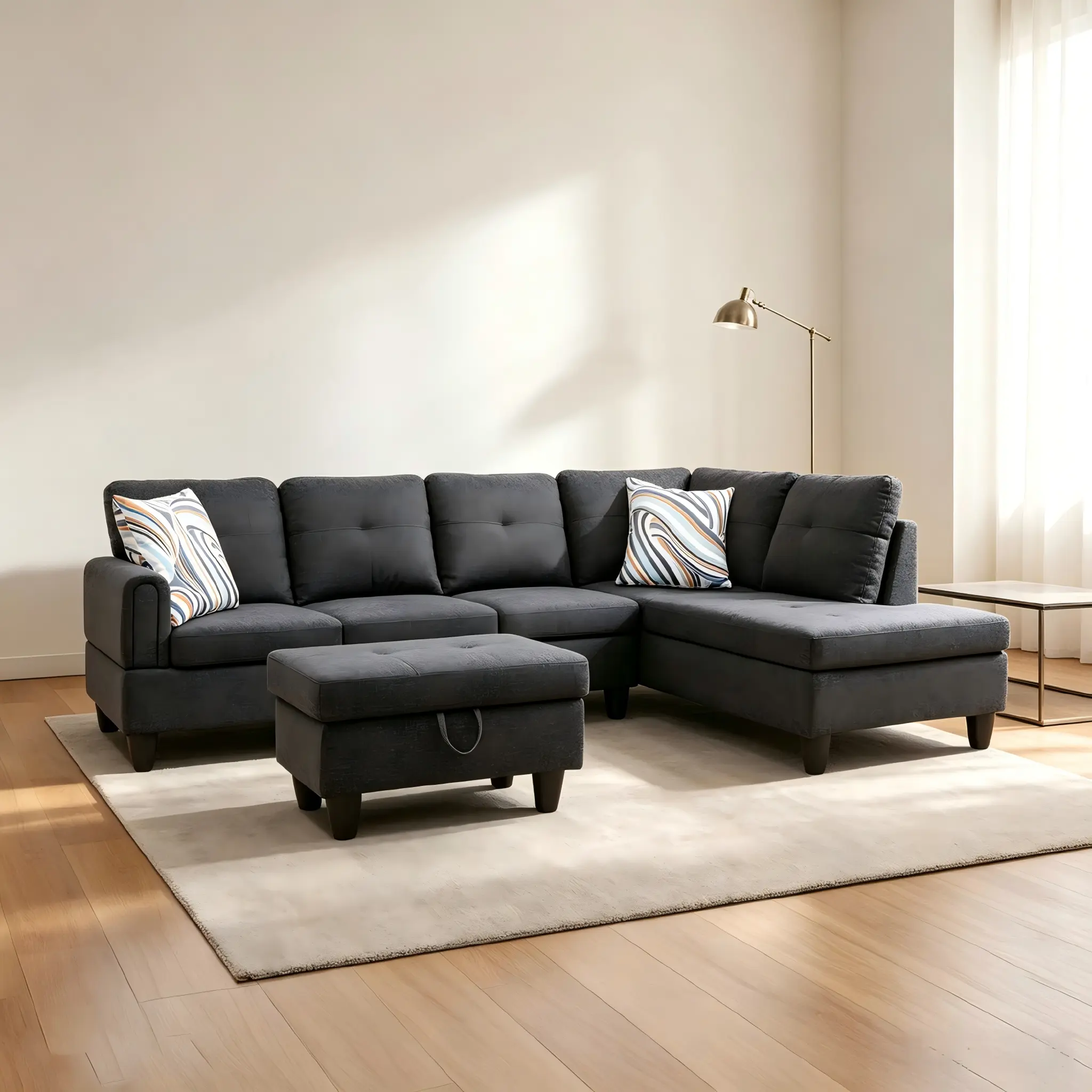 Modern 4‑Seater L‑Shaped Corner Sectional Sofa, Linen Fabric Modular Couch with Storage Ottoman & Throw Pillows, Home Furniture for Living Room, Studio Apartment, Guest Room