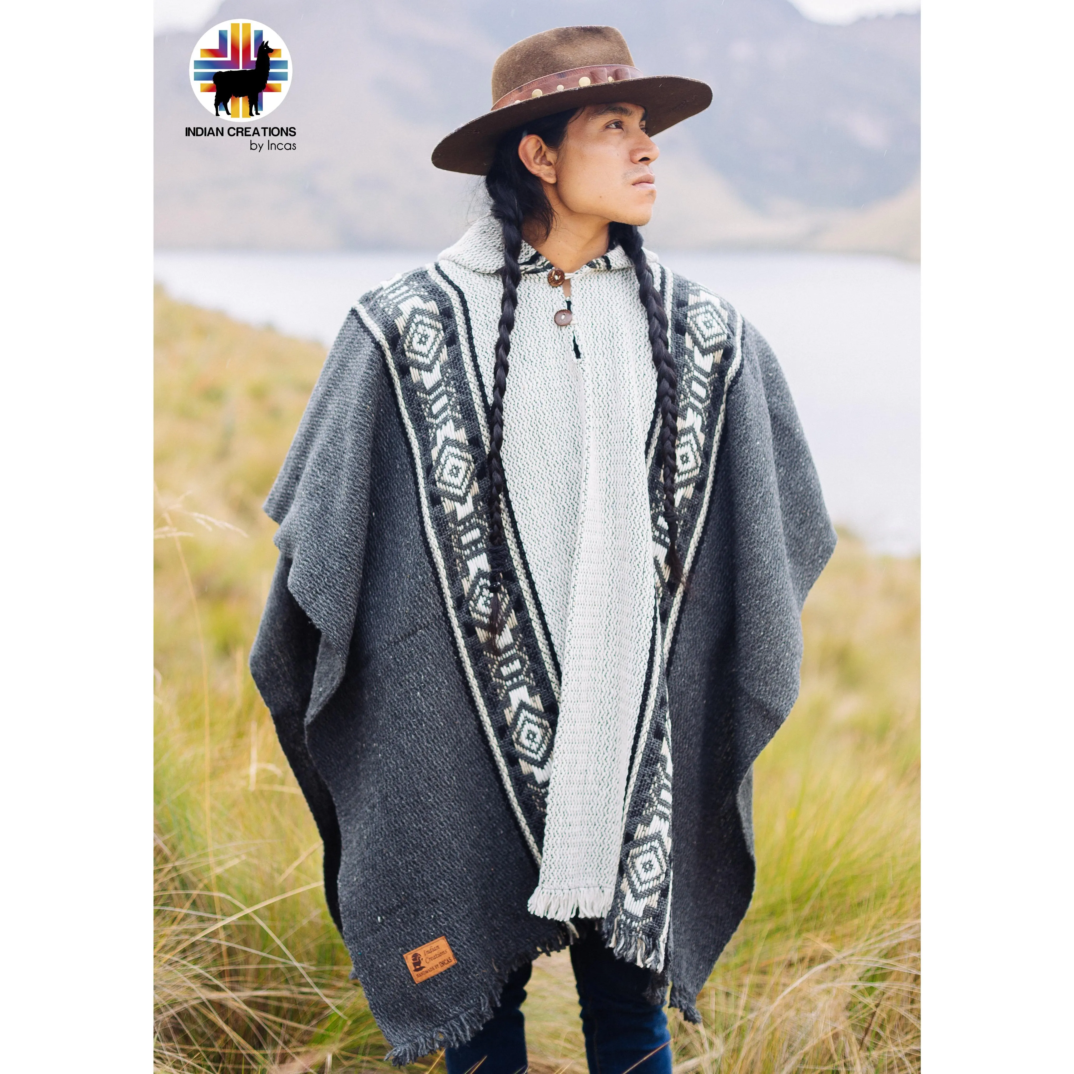 Fog Gray Sheep Wool Poncho.  Closed in the front with Hood. Crafted by Indigenous Hands. Machine Washable!