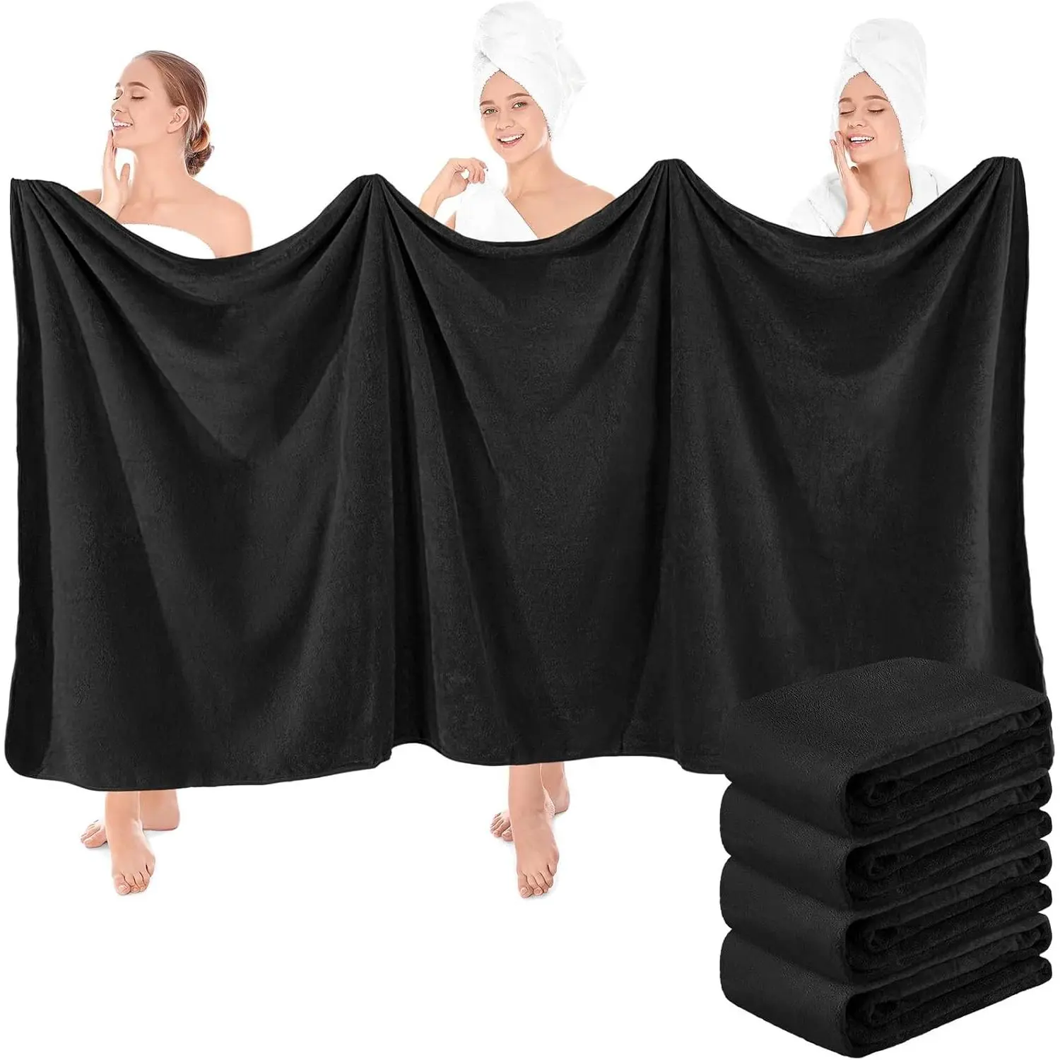 4 Pcs Oversized Fleece Bath Towels - 40x80 In Microfiber Coral Velvet Bath Sheets, 350gsm High Density Water Absorbent Towels for Adults Home Use (Black)