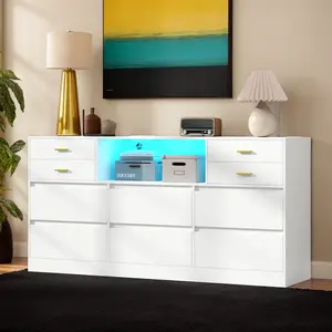 Loomie 10 Drawer White Dresser with Charging Station，Modern Wide Dresser with Led Lights for Bedroom, Large Dressers Organizer, Wide Chest of Drawer