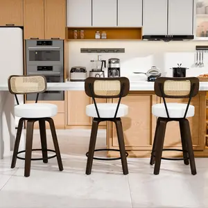 Swivel Bar Stools -26'' Counter Height Bar Stools with PE Rattan Back, White Faux Leather Upholstered Bar Chairs for Kitchen Island, Bentwood Frame Barstool Set