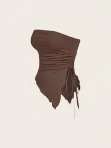 Sexy Strapless Crop Top, Drawstring Waist, Ruched Design, Irregular Hemline, Slim Fit, Fitted, Fashionable Women's Summer