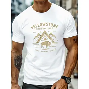 Men's Yellowstone National Park T-Shirt - Bison & Mountain Logo Print (WYoming 1812 State Outline) - Lightweight Stretchy Casual Tee for, Camping & Outdoor Adventures - All-Season Fit Short Sleeve Shirt