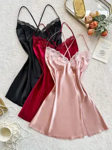 Women's Embroidered Lace Satin Sexy Sleepwear Set, Adjustable Thin Straps Nightgown with Lace Lingerie, Comfortable All Seasons Loungewear