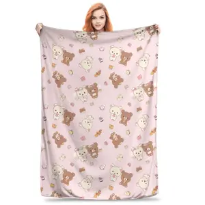 Kawaii Rilakkuma Knitted Flannel Throw Blanket - Figure Print Blanket, Cartoon-Printed Bedding Accessory, Soft Warm Summer AC Use, Whimsical Room Decor, Teen Room Decor, Bedroom Gift summerwins,summerwins