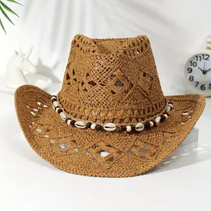 A Unisex Spring/Summer Men'S And Women'S Shell Beach Large Brim Western Cowboy Straw Hat Outdoor Hollow Sunshade Breathable