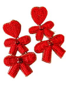 Red Hearts and Bows Beaded Earrings
