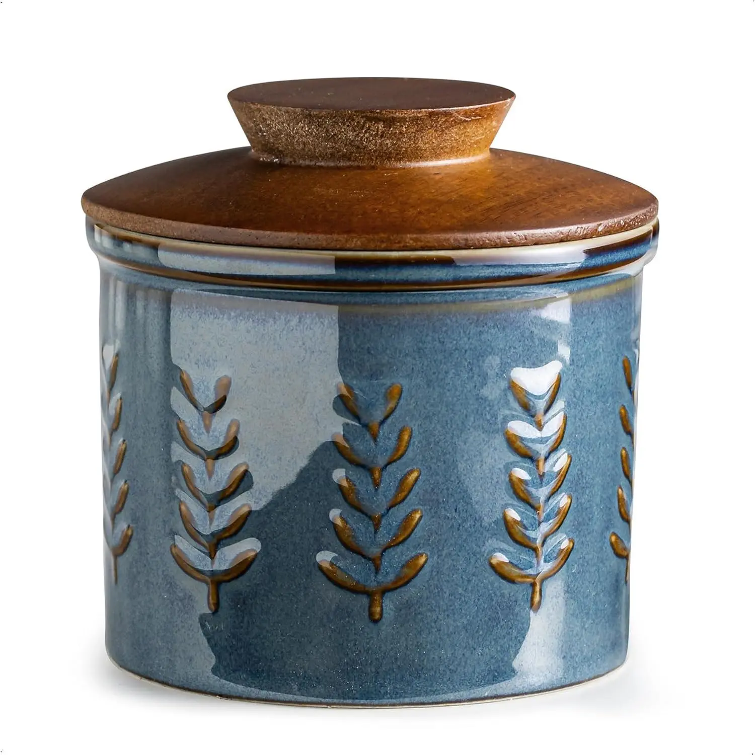 Ceramic Butter Dish with Lid, Butter Crock for Countertop,  Butter Keeper, Elegant Embossed , Blue